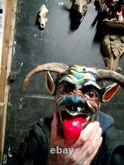 Rare Folded Horns Demon Devil Diablo Mask Carved Wood Real Horns Folk Art
