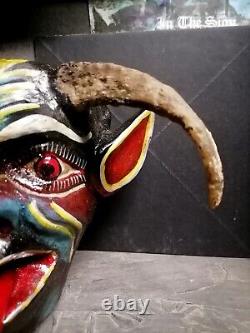 Rare Folded Horns Demon Devil Diablo Mask Carved Wood Real Horns Folk Art