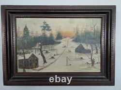 Rare Folk Art Painting'Hunting Scene' 1880s Unusual Chip-Carved Frame
