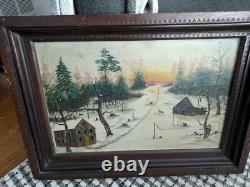 Rare Folk Art Painting'Hunting Scene' 1880s Unusual Chip-Carved Frame