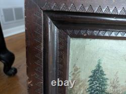 Rare Folk Art Painting'Hunting Scene' 1880s Unusual Chip-Carved Frame