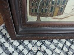 Rare Folk Art Painting'Hunting Scene' 1880s Unusual Chip-Carved Frame