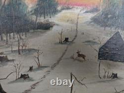 Rare Folk Art Painting'Hunting Scene' 1880s Unusual Chip-Carved Frame