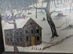Rare Folk Art Painting'Hunting Scene' 1880s Unusual Chip-Carved Frame