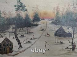 Rare Folk Art Painting'Hunting Scene' 1880s Unusual Chip-Carved Frame