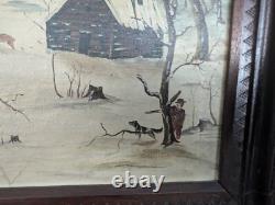Rare Folk Art Painting'Hunting Scene' 1880s Unusual Chip-Carved Frame