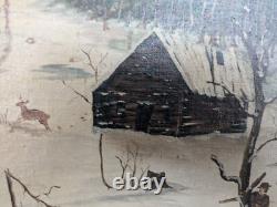 Rare Folk Art Painting'Hunting Scene' 1880s Unusual Chip-Carved Frame