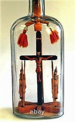 Rare Folk Art, Whimsey, Whimsy Crucifixion with 4 Guards in Bottle