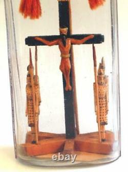 Rare Folk Art, Whimsey, Whimsy Crucifixion with 4 Guards in Bottle