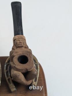 Rare Hand-Carved Wood Figural Pipe Detailed Tribal Folk Art Sculpture