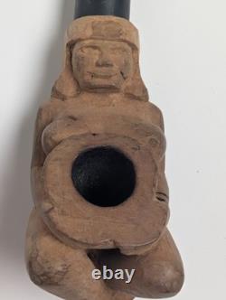 Rare Hand-Carved Wood Figural Pipe Detailed Tribal Folk Art Sculpture