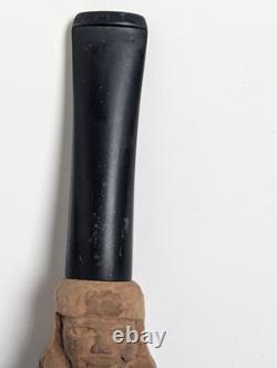 Rare Hand-Carved Wood Figural Pipe Detailed Tribal Folk Art Sculpture