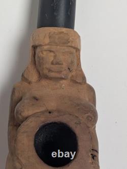 Rare Hand-Carved Wood Figural Pipe Detailed Tribal Folk Art Sculpture