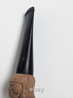 Rare Hand-Carved Wood Figural Pipe Detailed Tribal Folk Art Sculpture