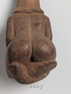 Rare Hand-Carved Wood Figural Pipe Detailed Tribal Folk Art Sculpture