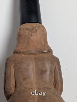 Rare Hand-Carved Wood Figural Pipe Detailed Tribal Folk Art Sculpture
