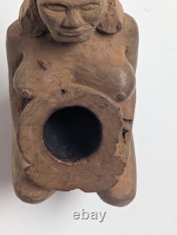Rare Hand-Carved Wood Figural Pipe Detailed Tribal Folk Art Sculpture