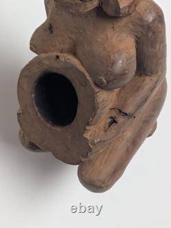 Rare Hand-Carved Wood Figural Pipe Detailed Tribal Folk Art Sculpture