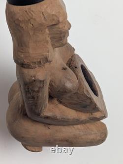 Rare Hand-Carved Wood Figural Pipe Detailed Tribal Folk Art Sculpture