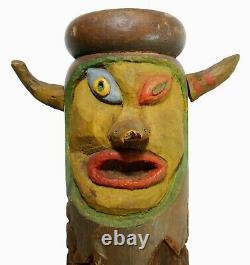 Rare Mid-20th C Vint American Folk Art 55 4-sided Face, Tiki Carved Porch Post