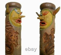 Rare Mid-20th C Vint American Folk Art 55 4-sided Face, Tiki Carved Porch Post