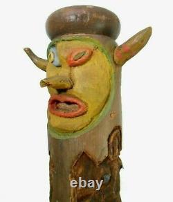 Rare Mid-20th C Vint American Folk Art 55 4-sided Face, Tiki Carved Porch Post