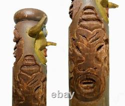 Rare Mid-20th C Vint American Folk Art 55 4-sided Face, Tiki Carved Porch Post