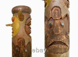 Rare Mid-20th C Vint American Folk Art 55 4-sided Face, Tiki Carved Porch Post