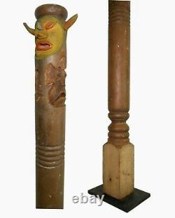 Rare Mid-20th C Vint American Folk Art 55 4-sided Face, Tiki Carved Porch Post