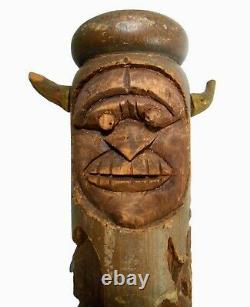 Rare Mid-20th C Vint American Folk Art 55 4-sided Face, Tiki Carved Porch Post