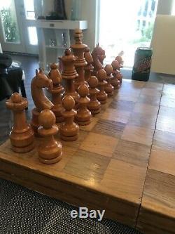 Rare VTG Antique Large Wooden Hand Turned Carved Chess Set Game Board Folk Art