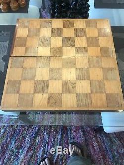 Rare VTG Antique Large Wooden Hand Turned Carved Chess Set Game Board Folk Art