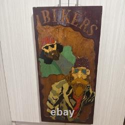 Rare Vintage Hand-Carved Bikers Wood Wall Art -1 of-a-Kind Folk Piece 3ft
