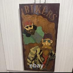Rare Vintage Hand-Carved Bikers Wood Wall Art -1 of-a-Kind Folk Piece 3ft