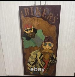 Rare Vintage Hand-Carved Bikers Wood Wall Art -1 of-a-Kind Folk Piece 3ft