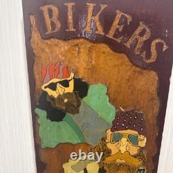 Rare Vintage Hand-Carved Bikers Wood Wall Art -1 of-a-Kind Folk Piece 3ft