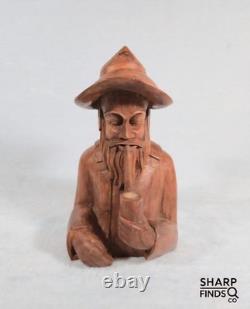 Rare! Vintage Hand Carved Wood Folk Art Bearded Man Pipe Figure Sculpture 10