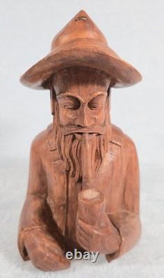 Rare! Vintage Hand Carved Wood Folk Art Bearded Man Pipe Figure Sculpture 10
