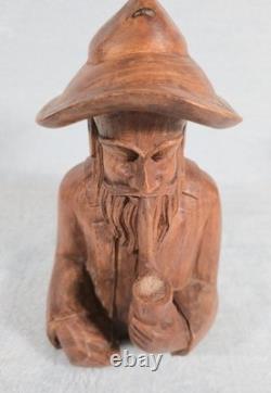 Rare! Vintage Hand Carved Wood Folk Art Bearded Man Pipe Figure Sculpture 10