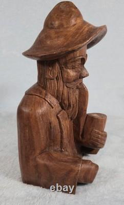 Rare! Vintage Hand Carved Wood Folk Art Bearded Man Pipe Figure Sculpture 10