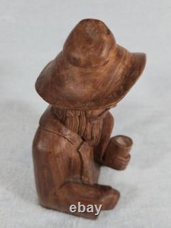 Rare! Vintage Hand Carved Wood Folk Art Bearded Man Pipe Figure Sculpture 10