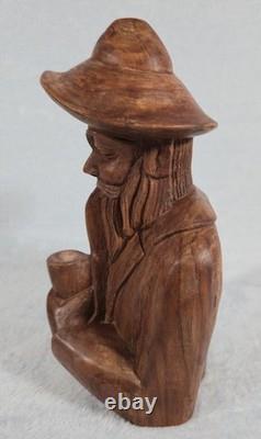 Rare! Vintage Hand Carved Wood Folk Art Bearded Man Pipe Figure Sculpture 10