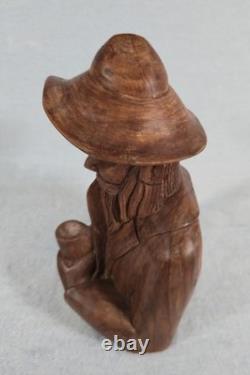 Rare! Vintage Hand Carved Wood Folk Art Bearded Man Pipe Figure Sculpture 10