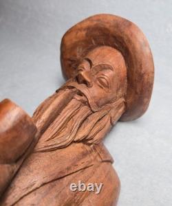 Rare! Vintage Hand Carved Wood Folk Art Bearded Man Pipe Figure Sculpture 10