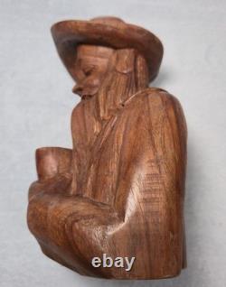 Rare! Vintage Hand Carved Wood Folk Art Bearded Man Pipe Figure Sculpture 10
