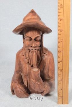 Rare! Vintage Hand Carved Wood Folk Art Bearded Man Pipe Figure Sculpture 10
