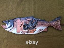 Rare Vintage Unusual Pacific Northwest Carved Redwood Salmon & Bear Folk Art