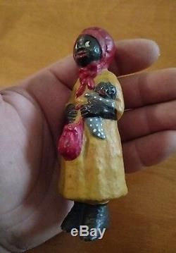 Rare Vintage antique Folk Art African American wooden carved doll with baby
