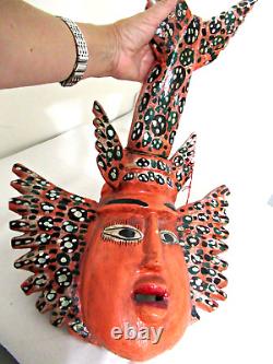 Rare Vtg Mexico 22 Carved Wood HP Wall Statue Winged Lobster Mermaid Folk Art
