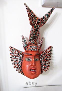Rare Vtg Mexico 22 Carved Wood HP Wall Statue Winged Lobster Mermaid Folk Art